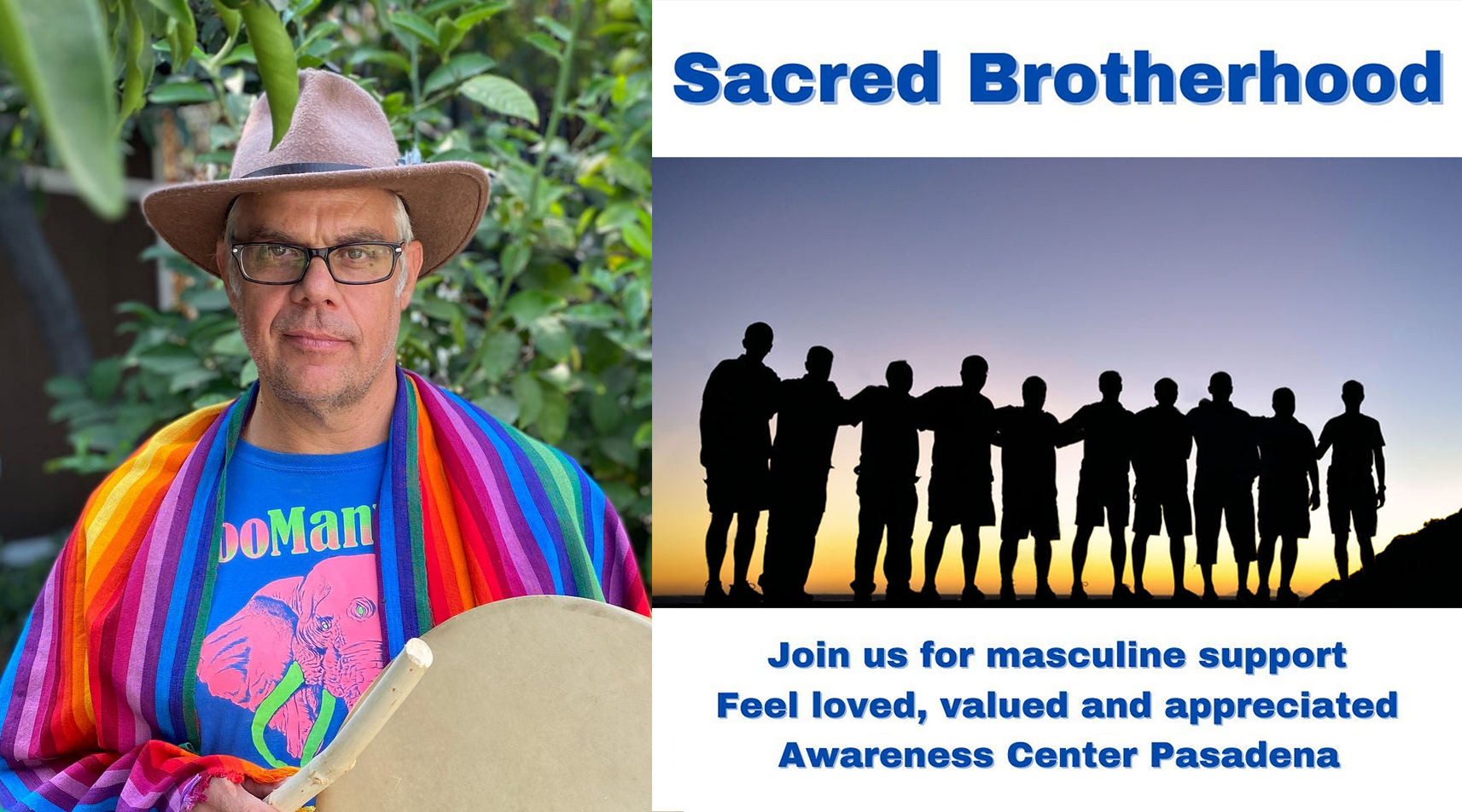 Jay Dubois Holding Drum and Sacred Brotherhood Flyer